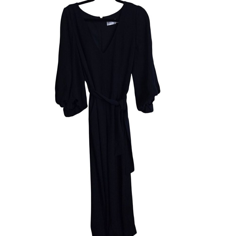 Eliza J Navy V Neck 3/4 Super Puff Sleeve Tie Waist Jumpsuit Size 14